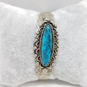 Vintage Southwestern Style Bracelet, Faux Turquoise Etched Cuff, 1970s, 6 Inches